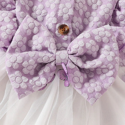 Sweet Cute Baby Girls Clothes Long Sleeve Lace Tulle Floral Dress With Bow Headband For Toddler Kids Casual Daily Party Outfits