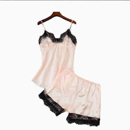 Women Pajama Suit Fashion V-Neck Stretch Satin Babydoll Lace Sexy Lingerie Bowknot Pyjamas Sleep Shorts Set Sleepwear New