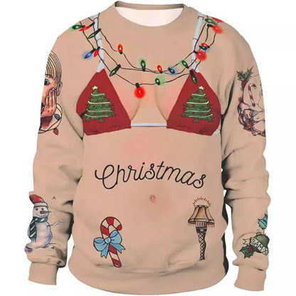 New Year Eve Xmas Sweatshirt 3D Novelty Print Holiday Party Jumper Top Unisex Pullover Reindeer Ugly Christmas Sweater Men Women