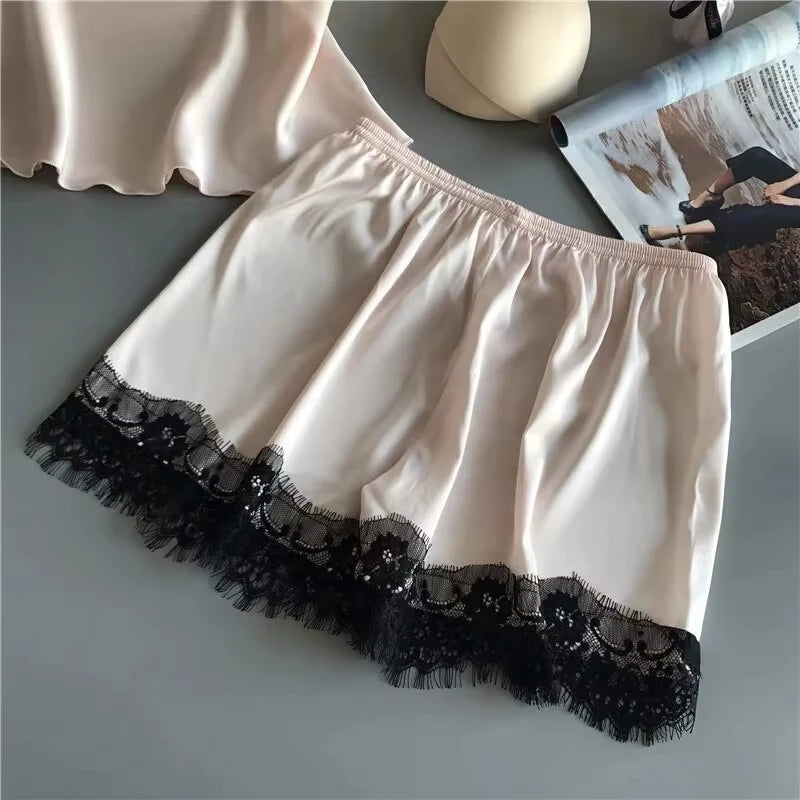 Women Pajama Set Fashion V Neck Stretch Satin Babydoll Lace Sexy Lingerie Bowknot Nightgown Sleep Shorts Set Sleepwear