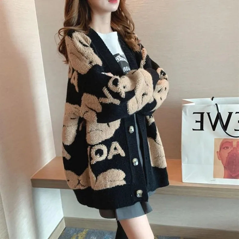 Women's Cardigan Sweater Coat Women Knitted Loose Cartoon Print Christmas Outwear Vintage V-neck Long Sleeve Sweater Cardigans