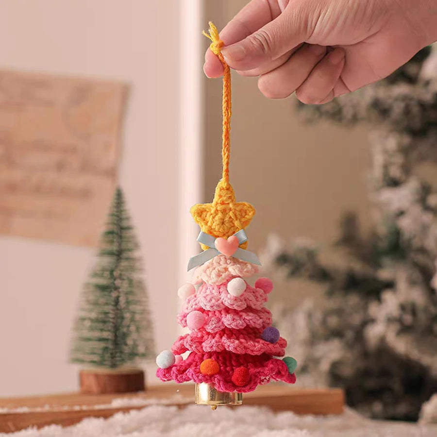 Knitted Christmas Tree with Jingle Bell Plush Christmas Hanging Pendant Wool Crochet Christmas Tree for Christmas Party Decor