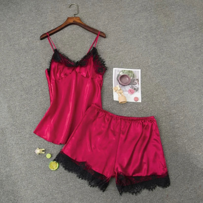 Women Pajama Suit Fashion V-Neck Stretch Satin Babydoll Lace Sexy Lingerie Bowknot Pyjamas Sleep Shorts Set Sleepwear New