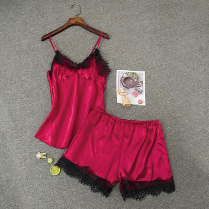 Women Pajama Suit Fashion V-Neck Stretch Satin Babydoll Lace Sexy Lingerie Bowknot Pyjamas Sleep Shorts Set Sleepwear New