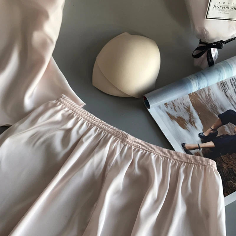 Women Pajama Suit Fashion V-Neck Stretch Satin Babydoll Lace Sexy Lingerie Bowknot Pyjamas Sleep Shorts Set Sleepwear New