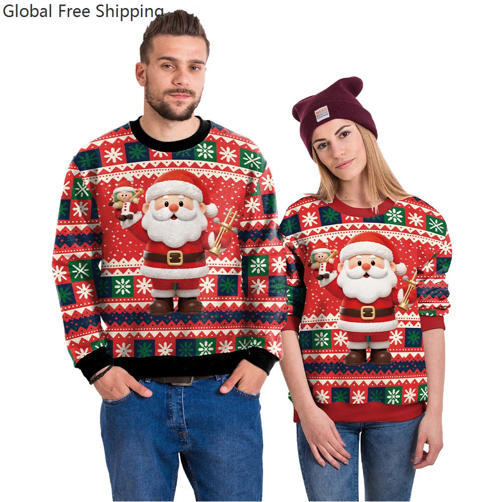 Couple Christmas Sweatshirt 3d Christmas Snowman Santa Claus Print Clothing Funny Unisex Pullover Holiday Party Top Sweatshirt