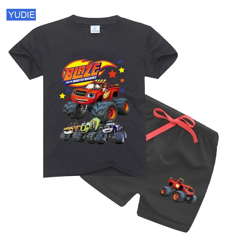 boys shirt  Baby Boy Clothes Set Cartoon Blazing Speed Cars Monster Machines Children Girl Short Sleeve T Shirt+Shorts 2PCS Suit