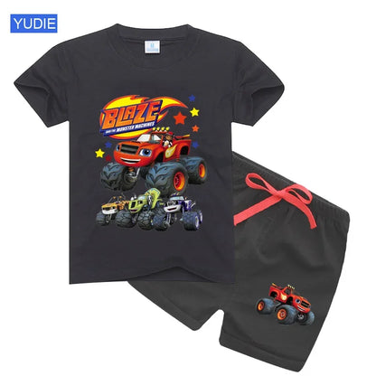 boys shirt  Baby Boy Clothes Set Cartoon Blazing Speed Cars Monster Machines Children Girl Short Sleeve T Shirt+Shorts 2PCS Suit