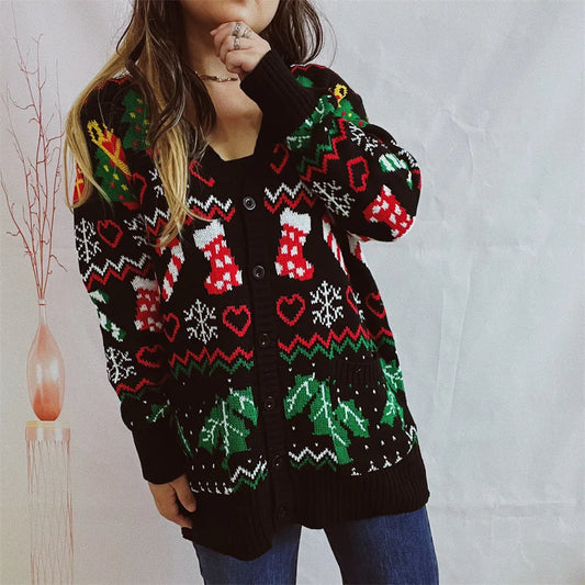 Fashion Christmas Print Cardigan For Women Loose Casual V Neck Single Breasted Knitted Coat 2024 Autumn Winter Elegant Lady New