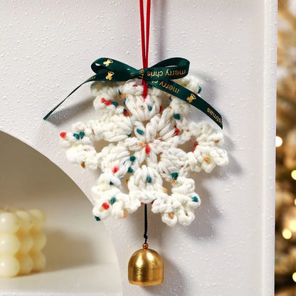 Hand-knitted Christmas Bell Pendant 16cm Crisp Sound Crochet Snowflake Pendant Ribbon Bow with Hanging Rope