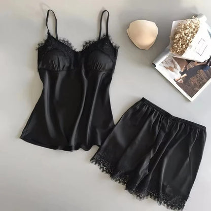 Women Pajama Set Fashion V Neck Stretch Satin Babydoll Lace Sexy Lingerie Bowknot Nightgown Sleep Shorts Set Sleepwear
