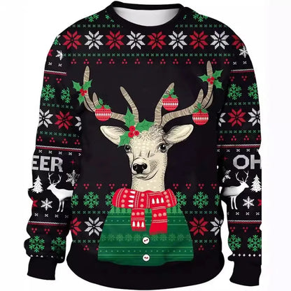 New Year Eve Xmas Sweatshirt 3D Novelty Print Holiday Party Jumper Top Unisex Pullover Reindeer Ugly Christmas Sweater Men Women