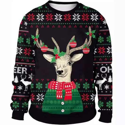 New Year Eve Xmas Sweatshirt 3D Novelty Print Holiday Party Jumper Top Unisex Pullover Reindeer Ugly Christmas Sweater Men Women
