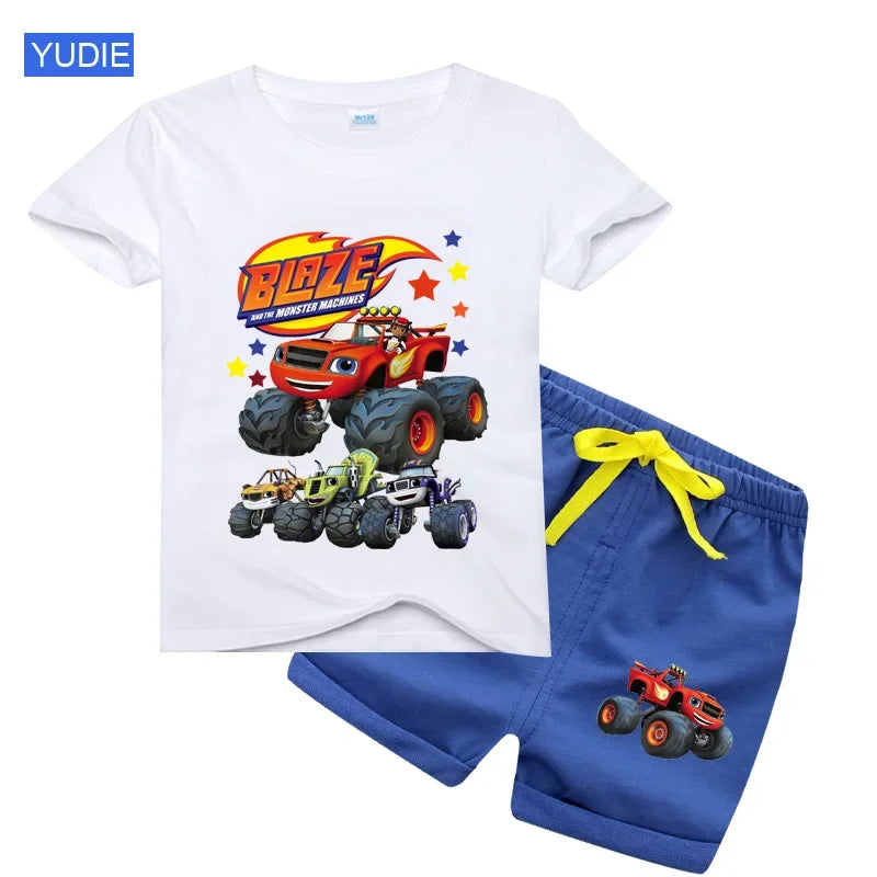 boys shirt  Baby Boy Clothes Set Cartoon Blazing Speed Cars Monster Machines Children Girl Short Sleeve T Shirt+Shorts 2PCS Suit
