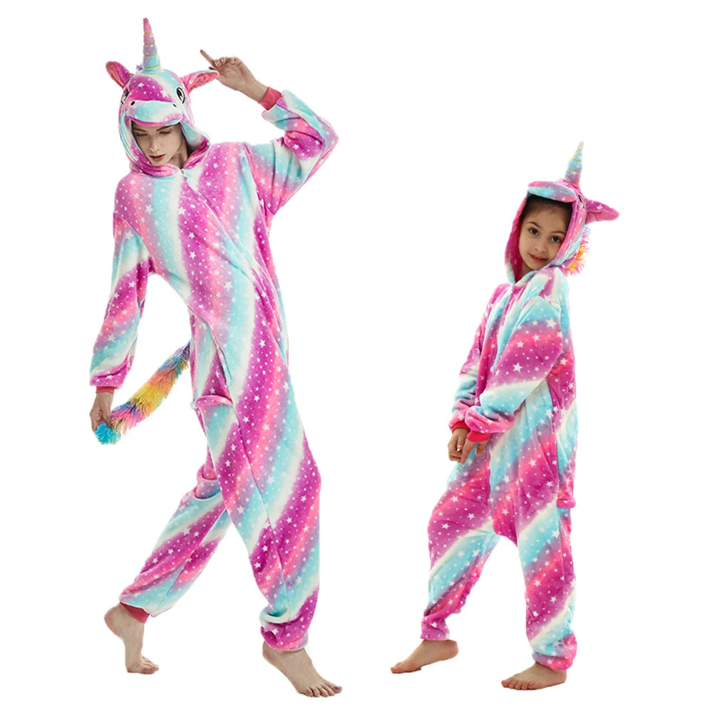 Animal Onesies Kigurumi Unicorn Pajamas Set Women Winter Overall Flannel Cartoon Cosplay Sleepwear Jumpsuit Men Homewear Pijama