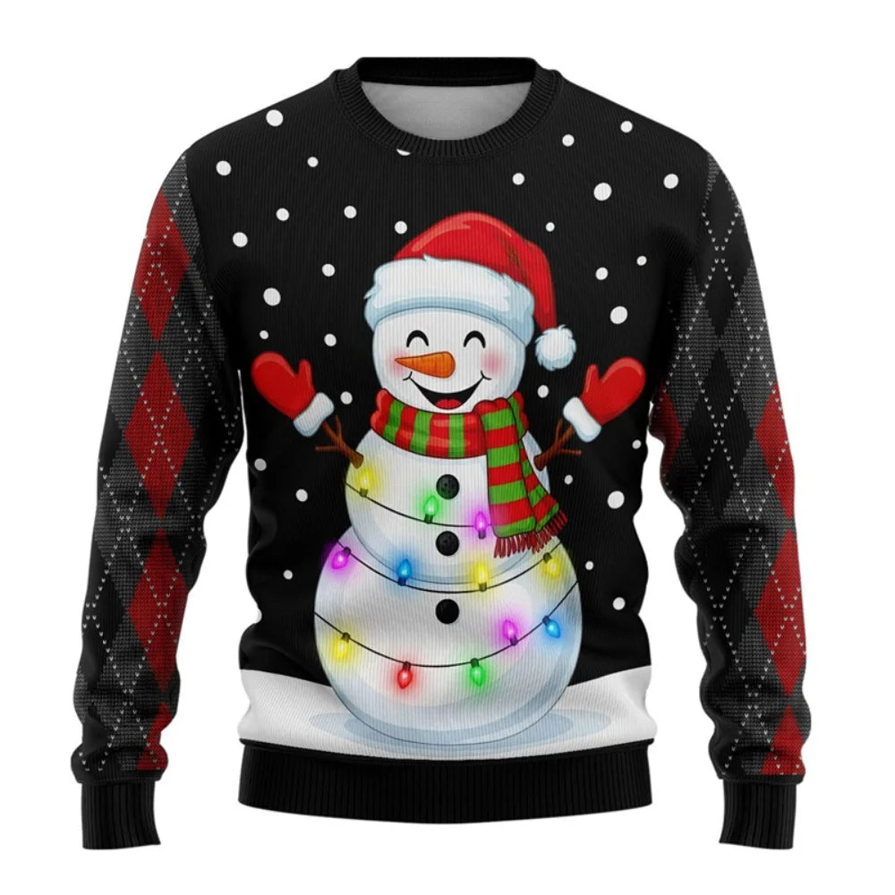 Men Women Xmas Sweatshirt 3D Christmas Snowman Santa Printed Ugly Christmas Sweater Unisex Long Sleeve Tops Pullovers Sweatshirt