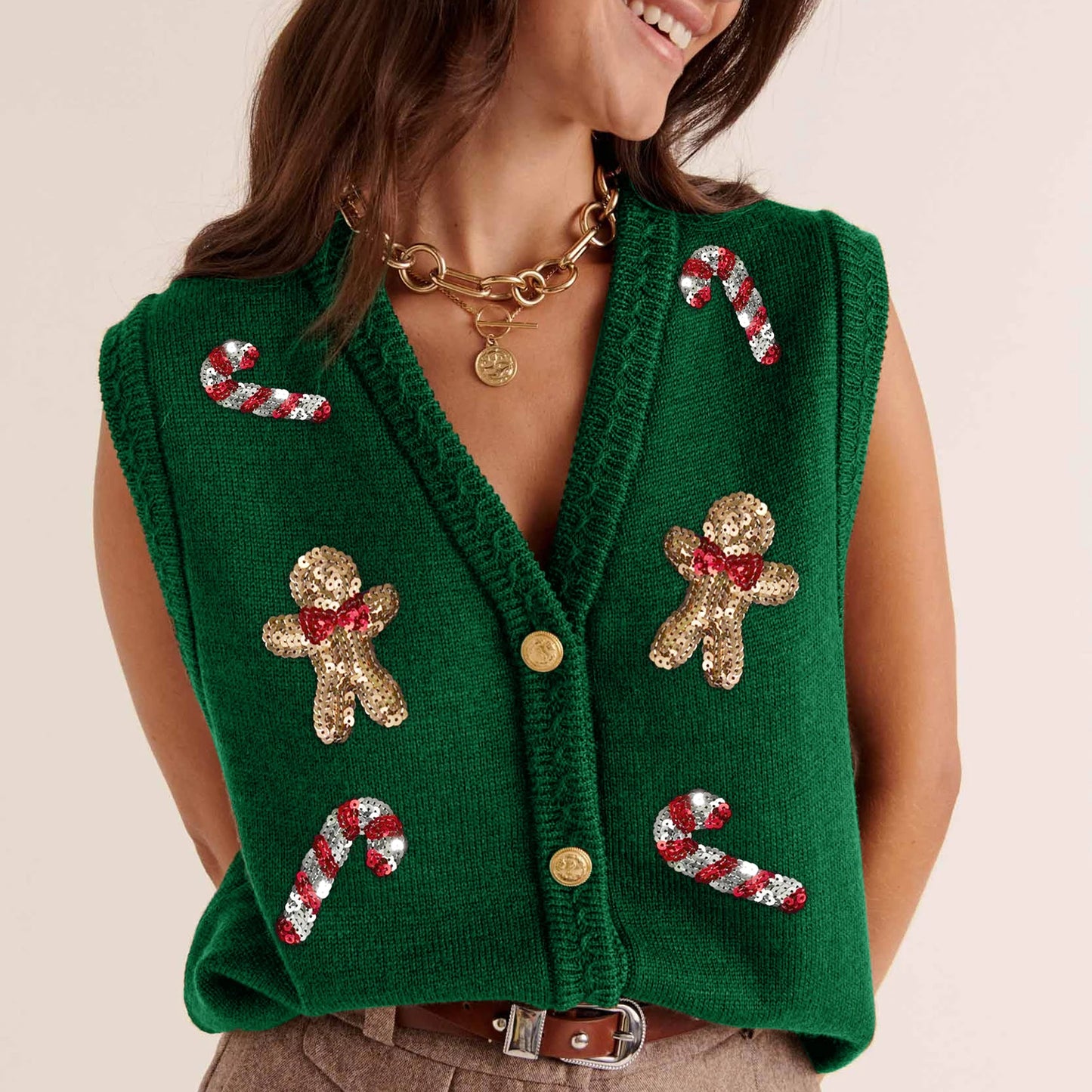 Women Christmas Sweater Vests Santa Claus Print Sleeveless Knit Cardigan Vest Christmas Holiday Tank Tops