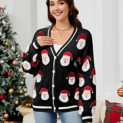 Christmas Fashion Cardigan Coat Woman's Autumn New V-neck Santa Claus Pattern Loose Sweater Winter Ladies Party Knitted Sweaters