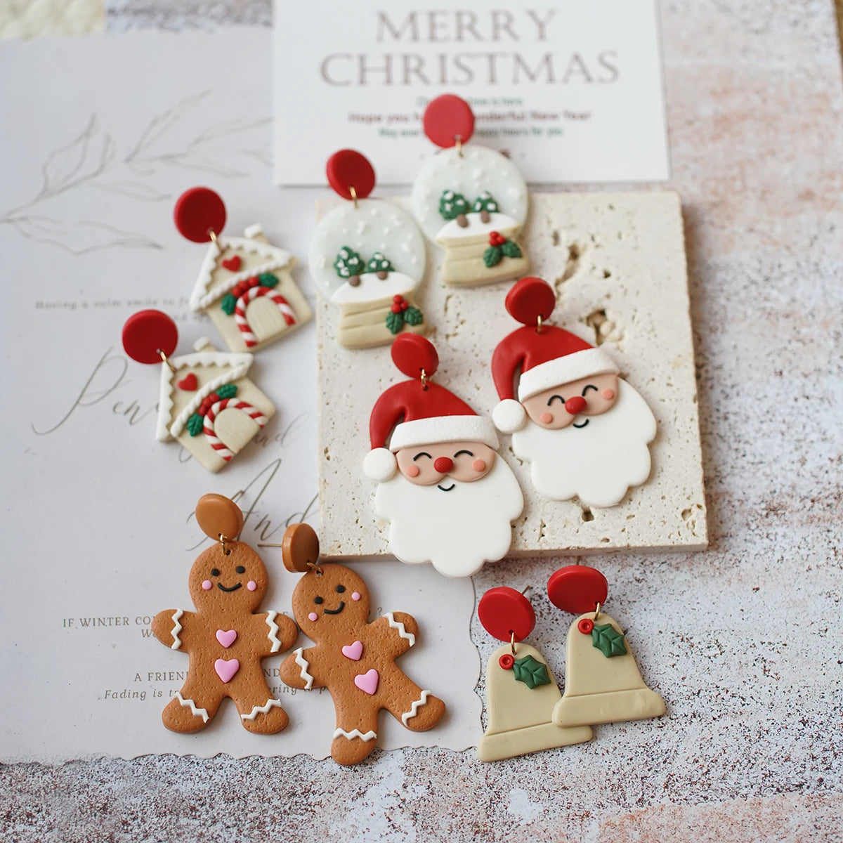 Christmas Winter Holiday Santa Snowman Bell Gingerbread Multi Shapes Polymer Clay Earrings  Celebration Accessories Gifts