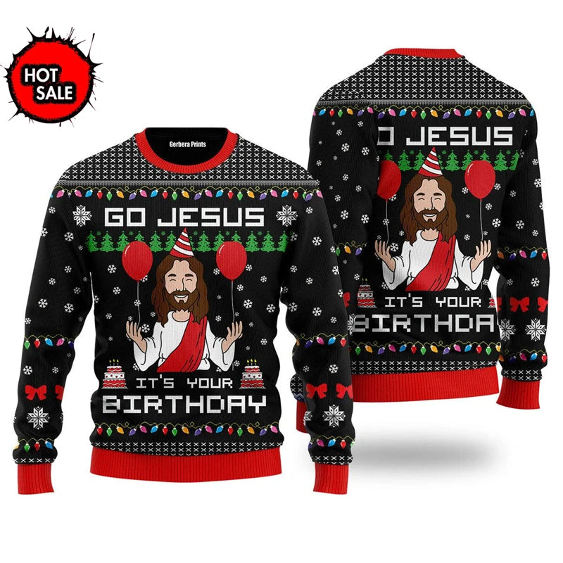 Men Women Holiday Party Xmas Sweatshirts Happy Birthday Jesus Ugly Sweater 3D Funny Printed Ugly Christmas Sweaters Jumpers Tops
