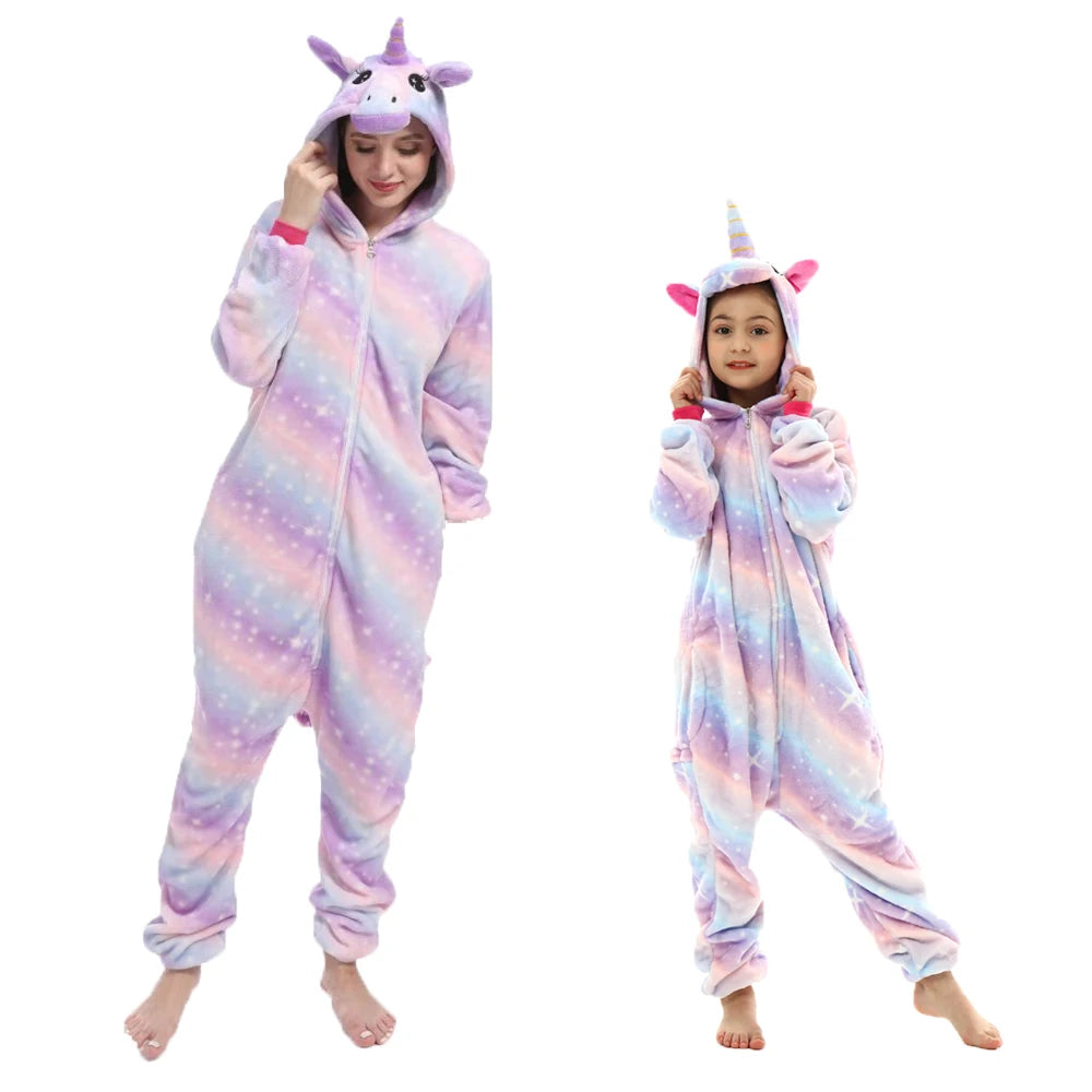 Animal Onesies Kigurumi Unicorn Pajamas Set Women Winter Overall Flannel Cartoon Cosplay Sleepwear Jumpsuit Men Homewear Pijama