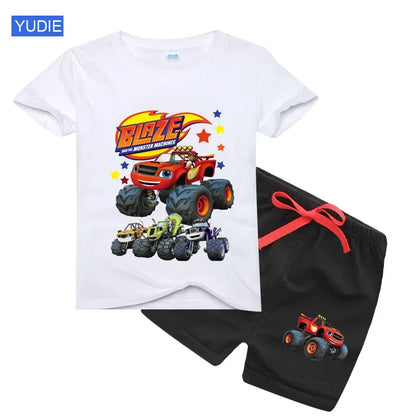 boys shirt  Baby Boy Clothes Set Cartoon Blazing Speed Cars Monster Machines Children Girl Short Sleeve T Shirt+Shorts 2PCS Suit
