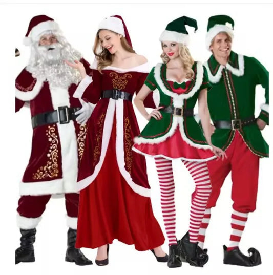 Santa Claus Costume Women Men Christmas Elf Dress Unisex Party Outfit Adult Suit Xmas Stage Performance Festive Role Play Wear
