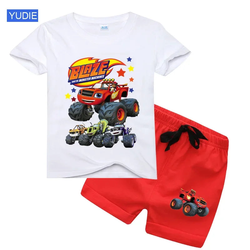 boys shirt  Baby Boy Clothes Set Cartoon Blazing Speed Cars Monster Machines Children Girl Short Sleeve T Shirt+Shorts 2PCS Suit