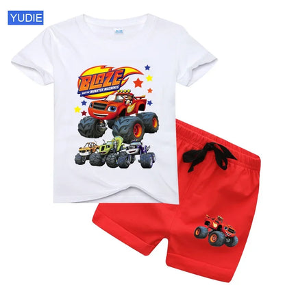 boys shirt  Baby Boy Clothes Set Cartoon Blazing Speed Cars Monster Machines Children Girl Short Sleeve T Shirt+Shorts 2PCS Suit