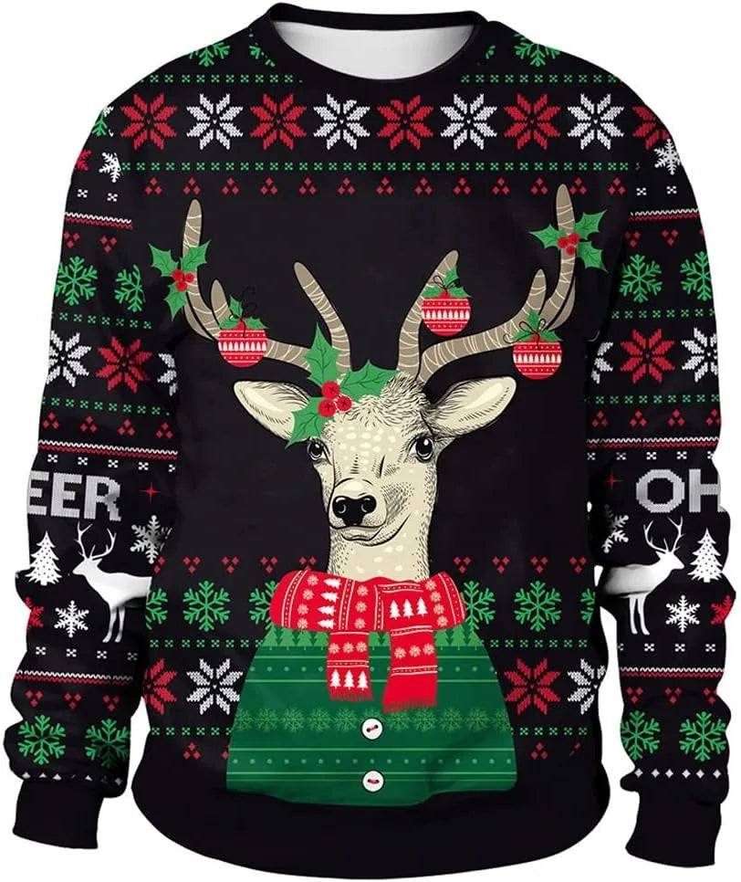 New Year Eve Xmas Sweatshirt 3D Novelty Print Holiday Party Jumper Top Unisex Pullover Reindeer Ugly Christmas Sweater Men Women