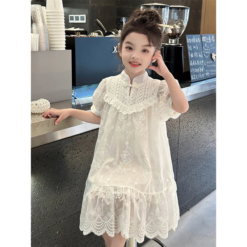 Baby Girls Dress Children Sweet Dress Kids Ruffle Trim Party Princess Dress Lace Collar Going Out Casual Dresses Clothes