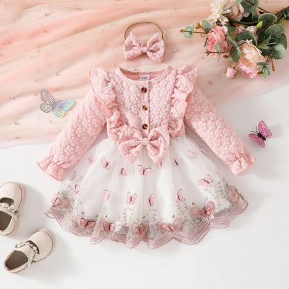 Sweet Cute Baby Girls Clothes Long Sleeve Lace Tulle Floral Dress With Bow Headband For Toddler Kids Casual Daily Party Outfits