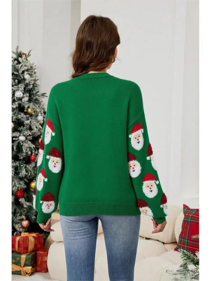 Christmas Fashion Cardigan Coat Woman's Autumn New V-neck Santa Claus Pattern Loose Sweater Winter Ladies Party Knitted Sweaters