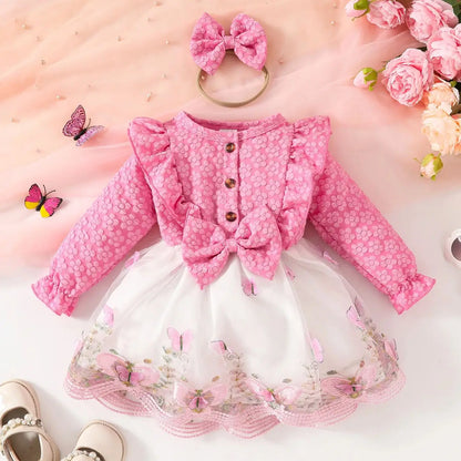 Sweet Cute Baby Girls Clothes Long Sleeve Lace Tulle Floral Dress With Bow Headband For Toddler Kids Casual Daily Party Outfits
