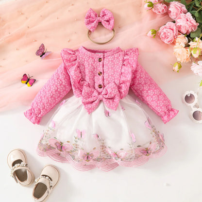 Sweet Cute Baby Girls Clothes Long Sleeve Lace Tulle Floral Dress With Bow Headband For Toddler Kids Casual Daily Party Outfits