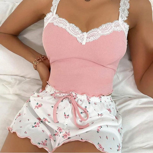 Women Pajama Set Lace Patchwork V-Neck Sleepwear Sexy Female Nighties Suit Cami Top Printed Shorts Soft Pyjamas Loungewear 2psc