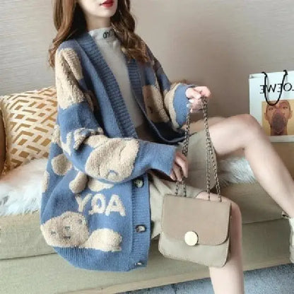 Women's Cardigan Sweater Coat Women Knitted Loose Cartoon Print Christmas Outwear Vintage V-neck Long Sleeve Sweater Cardigans
