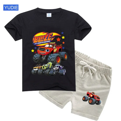 boys shirt  Baby Boy Clothes Set Cartoon Blazing Speed Cars Monster Machines Children Girl Short Sleeve T Shirt+Shorts 2PCS Suit