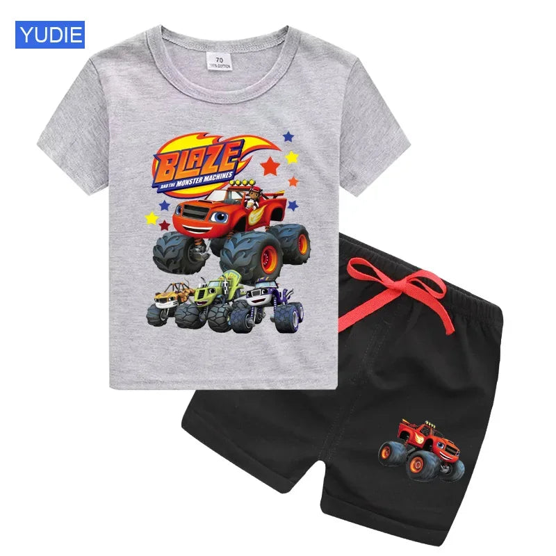 boys shirt  Baby Boy Clothes Set Cartoon Blazing Speed Cars Monster Machines Children Girl Short Sleeve T Shirt+Shorts 2PCS Suit