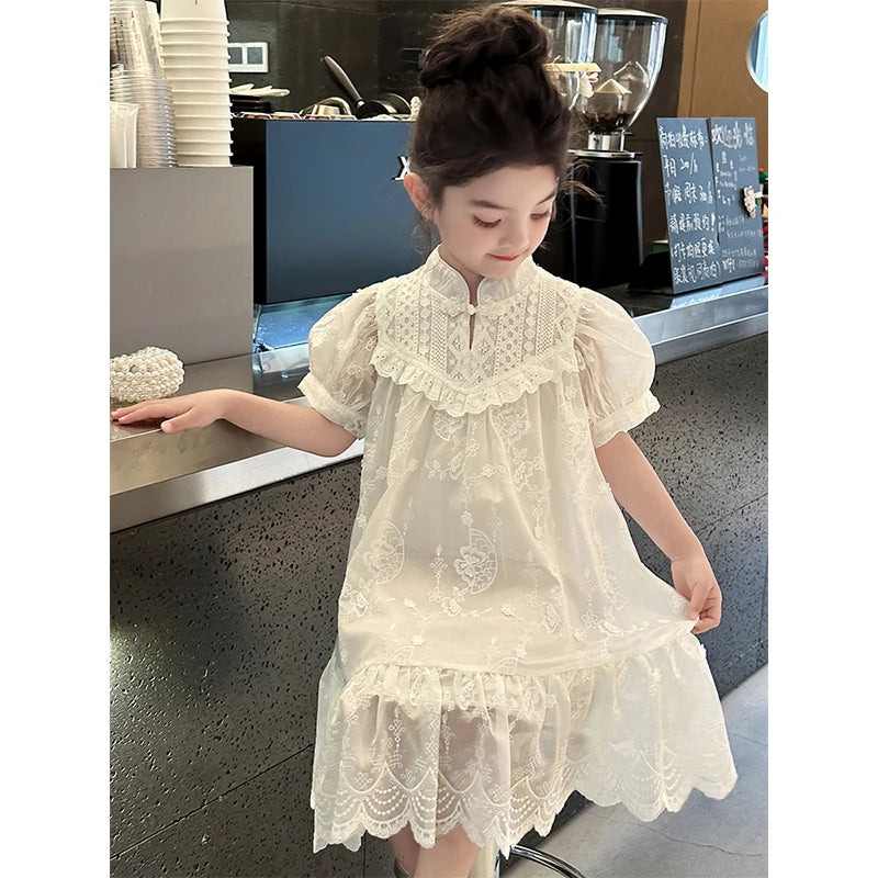 Baby Girls Dress Children Sweet Dress Kids Ruffle Trim Party Princess Dress Lace Collar Going Out Casual Dresses Clothes