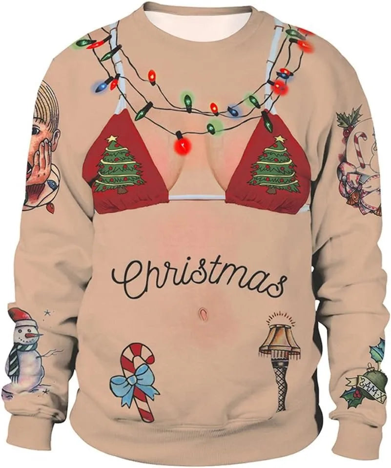 New Year Eve Xmas Sweatshirt 3D Novelty Print Holiday Party Jumper Top Unisex Pullover Reindeer Ugly Christmas Sweater Men Women
