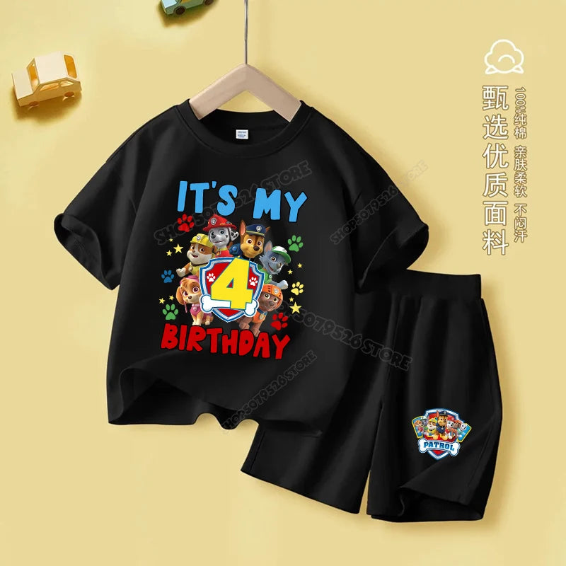 Paw Patrols Children Clothes Se Girl Boy Birthday Number T-Shirt Shorts 2pcs Suit Cartoon Summer Kids Tracksuit Outfit Pants Tee