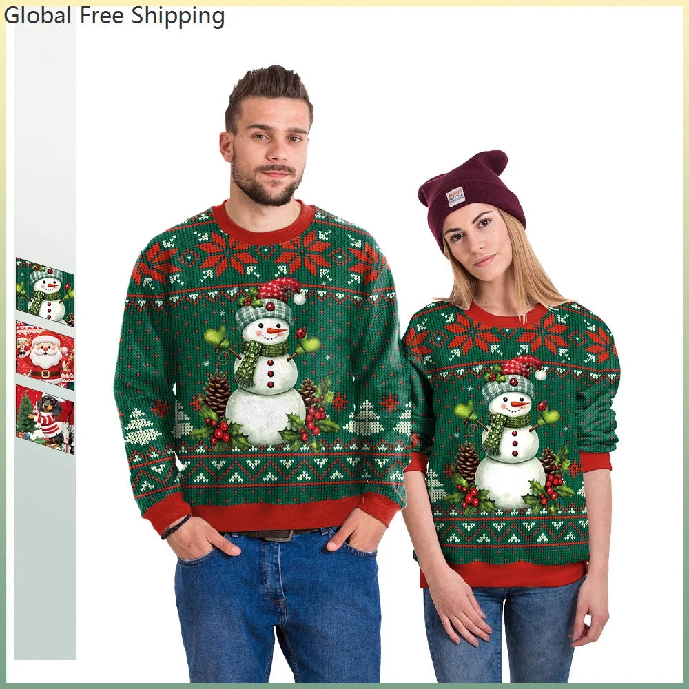 Couple Christmas Sweatshirt 3d Christmas Snowman Santa Claus Print Clothing Funny Unisex Pullover Holiday Party Top Sweatshirt